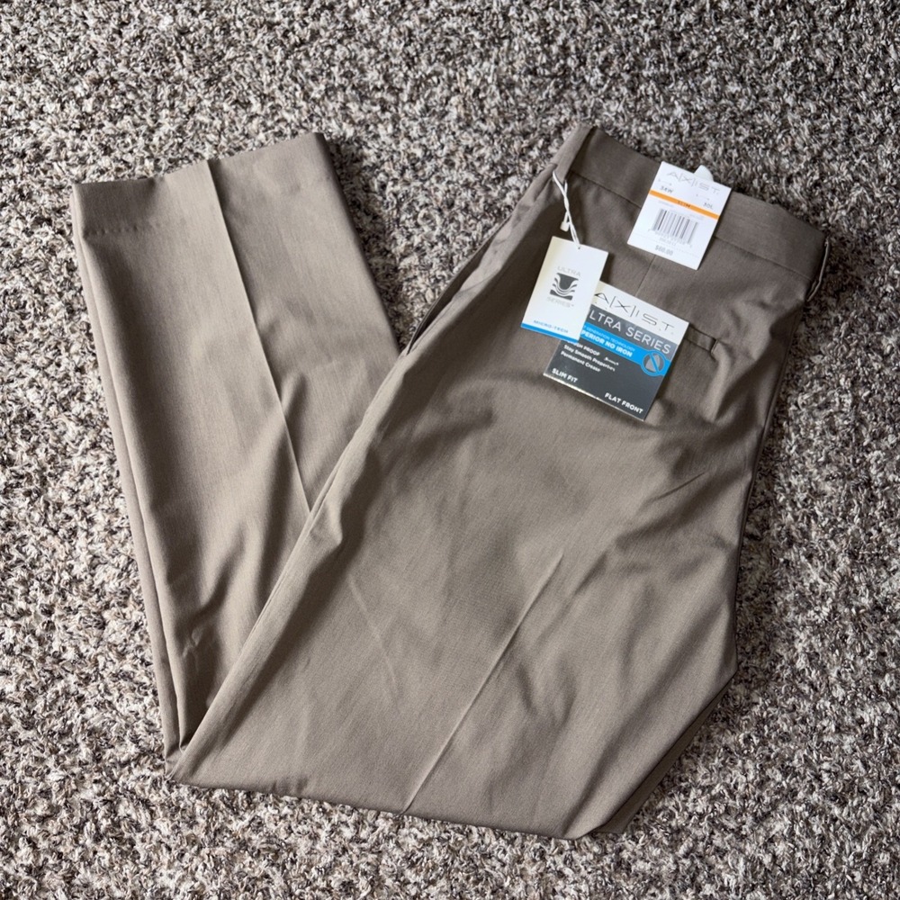 Axist Ultra Series Flat Front Dress Pants Straight Leg 34x30 Slim NWT Taupe